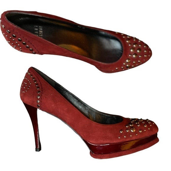 Stuart Weitzman Studded Suede Shoes Stilettos Size 8.5 Red - Picture 4 of 11